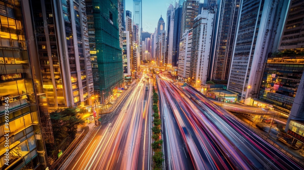 Naklejka premium A bustling city scene in Hong Kong showcases vibrant light trails from moving vehicles along busy streets, with towering skyscrapers illuminating the night sky