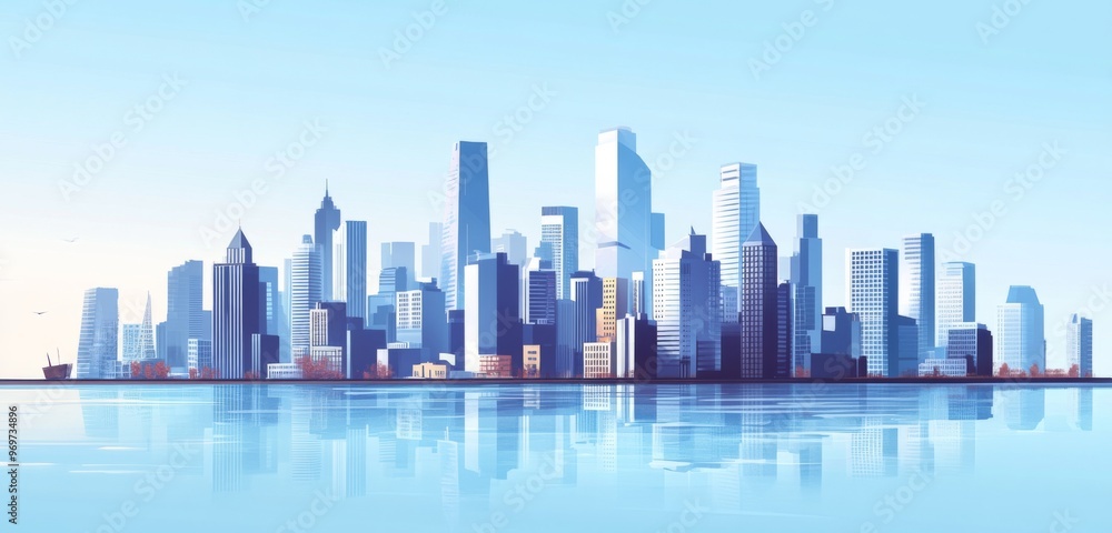Fototapeta premium Abstract Vector Illustration of Modern Cityscape with Skyscrapers and Buildings Along a River, Set Against a Light Blue Background.