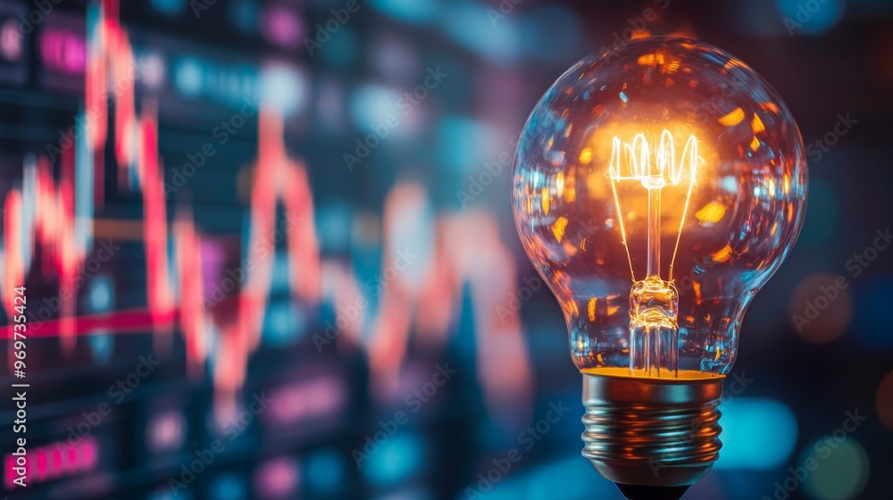 Light bulb illuminating ideas over a stock market graph with rising trends Light bulb illuminating ideas over a stock market graph with rising trends