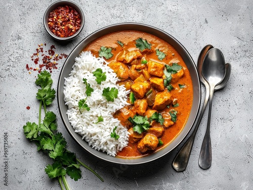 Overhead Shot of Spicy Chicken Curry with Rice and Cilantro Garnishes on Grey Background
