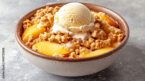 A warm peach crumble cake topped with a scoop of ice cream sits in a bowl against a plain grey background. You can see every delicious detail up close.