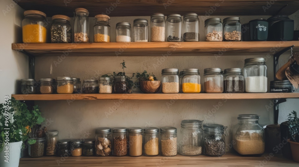 Organized kitchen shelves with jars filled with various ingredients, providing a rustic and cozy feel to the space. Organized kitchen shelves with jars filled with various ingredients, providing a rustic and cozy feel to the space.