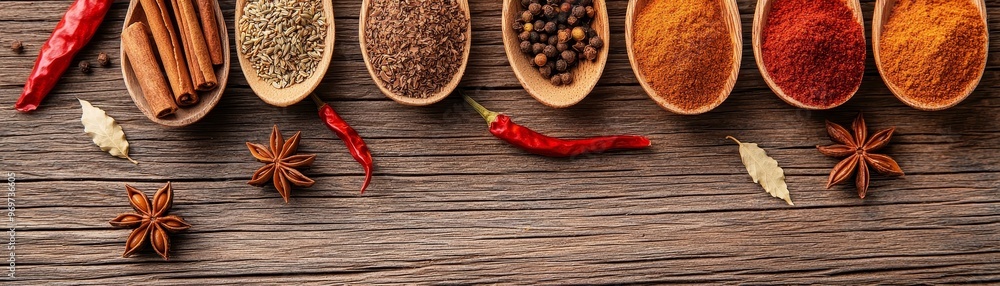 Aromatic Spices Scattered on Weathered Wood Top Down Perspective with Empty Space Aromatic Spices Scattered on Weathered Wood Top Down Perspective with Empty Space