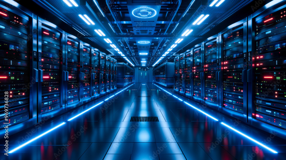 Fototapeta premium A secure data center featuring advanced security systems, illuminated by vibrant blue lights, showcases rows of servers. high tech environment emphasizes safety and efficiency