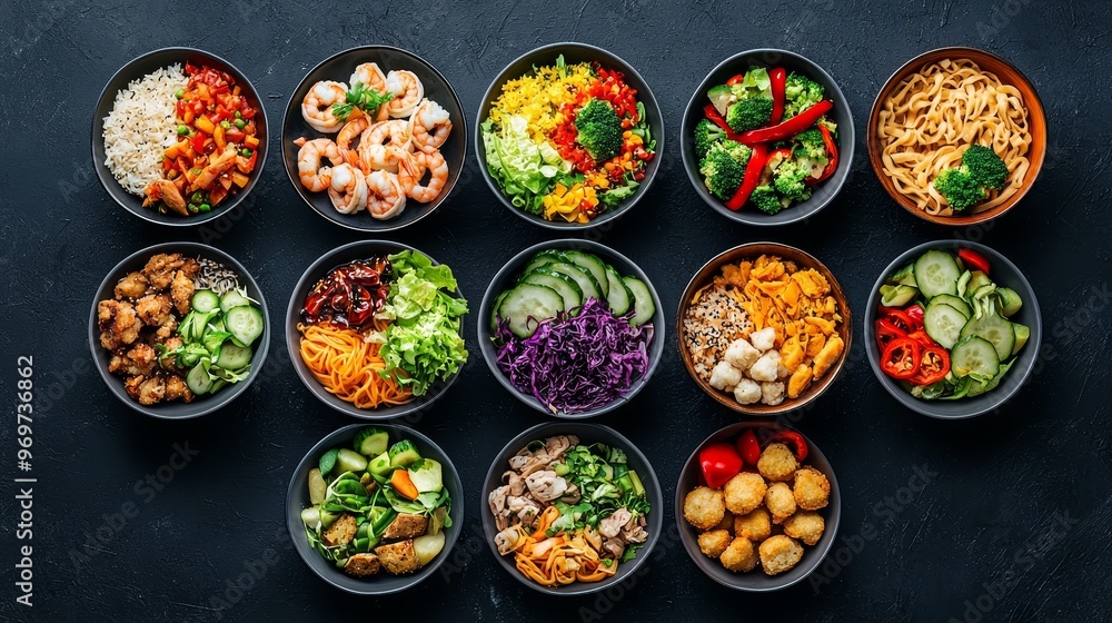 Asian Fusion Bowls A Flat Lay of Diverse Flavor Combinations in Black Bowls on a Dark Background Asian Fusion Bowls A Flat Lay of Diverse Flavor Combinations in Black Bowls on a Dark Background