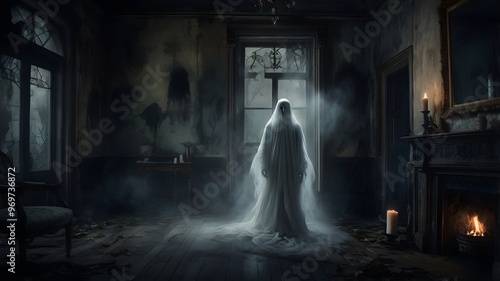 Ghost with a pale, ethereal figure drifting through a decaying Victorian mansion, soft, swirling mist surrounding the ghost, with dark, muted colors in the background perfect for Halloween