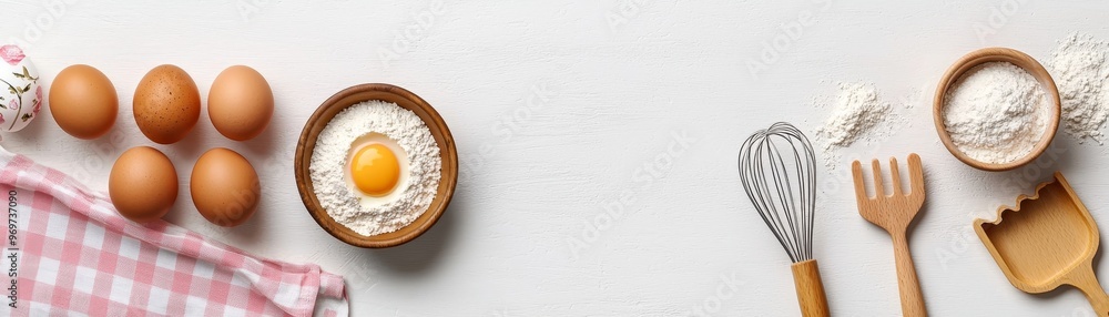 Baking Essentials A Flat Lay of Eggs Flour and Utensils on a White Wooden Background Baking Essentials A Flat Lay of Eggs Flour and Utensils on a White Wooden Background