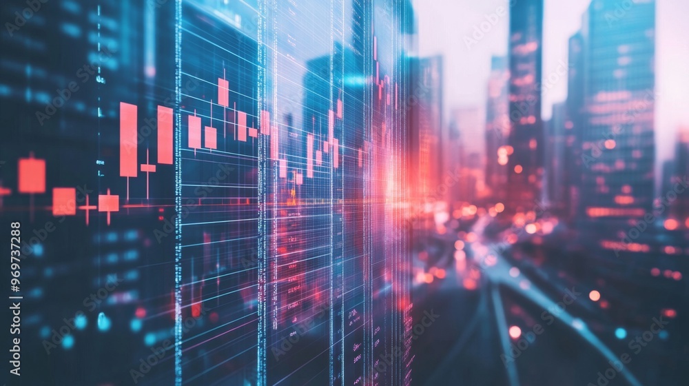 Financial data overlay on urban landscape illustrating stock market trends and activity Financial data overlay on urban landscape illustrating stock market trends and activity