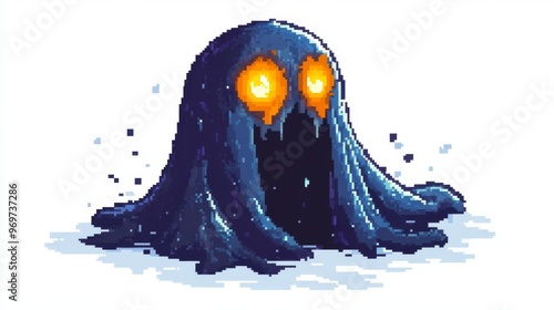 Pixel art monster with glowing eyes and dark, oozing body, against white background. Creepy and ominous design for game, animation, or artwork. photo