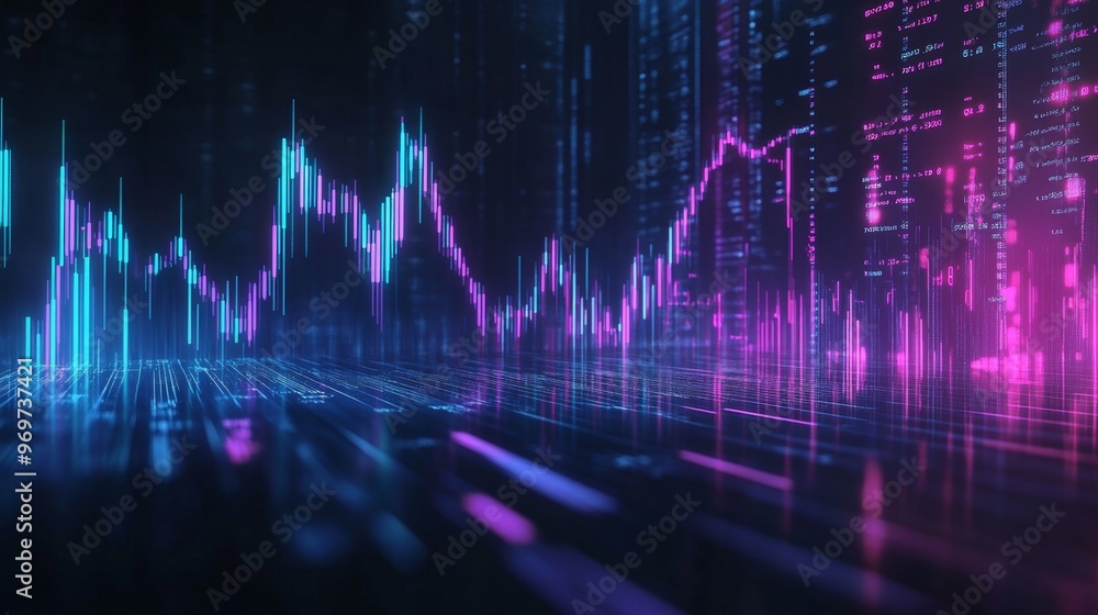 Abstract stock market graph with blue and purple lines on a dark background showing trends Abstract stock market graph with blue and purple lines on a dark background showing trends