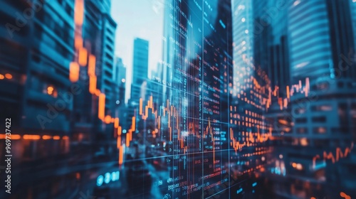 Wallpaper Mural Dynamic stock market chart overlays with city skyline showcasing financial activity at dusk Torontodigital.ca