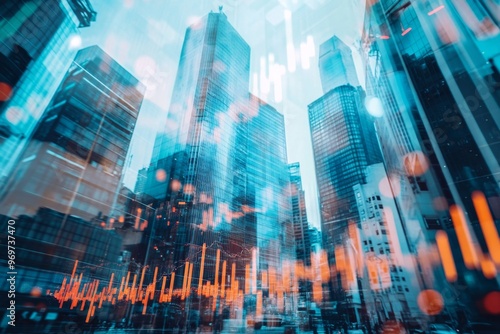 Wallpaper Mural Stock market growth graph overlays urban skyline with business buildings under clear sky Torontodigital.ca