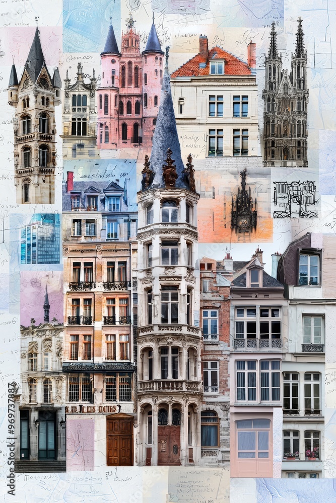 Obraz premium A travel-inspired collage featuring Art Nouveau architecture and landmarks from cities like Paris and Brussels