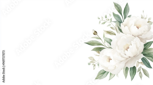 Peonies watercolor illustration, white flowers isolated on a white background