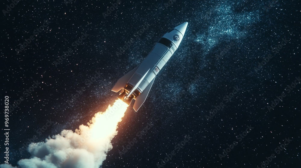 Obraz premium Rocket launch into space against a starry sky with smoke trailing behind at night