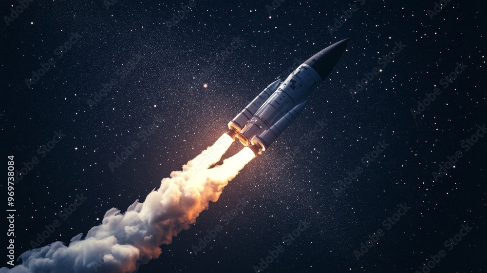 Rocket ascends into the starry sky, leaving a trail of white smoke as it launches into space Rocket ascends into the starry sky, leaving a trail of white smoke as it launches into space