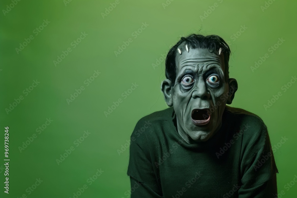 Shocked Surprised Halloween Frankenstein Monster on a Green Background with Space for Copy Shocked Surprised Halloween Frankenstein Monster on a Green Background with Space for Copy