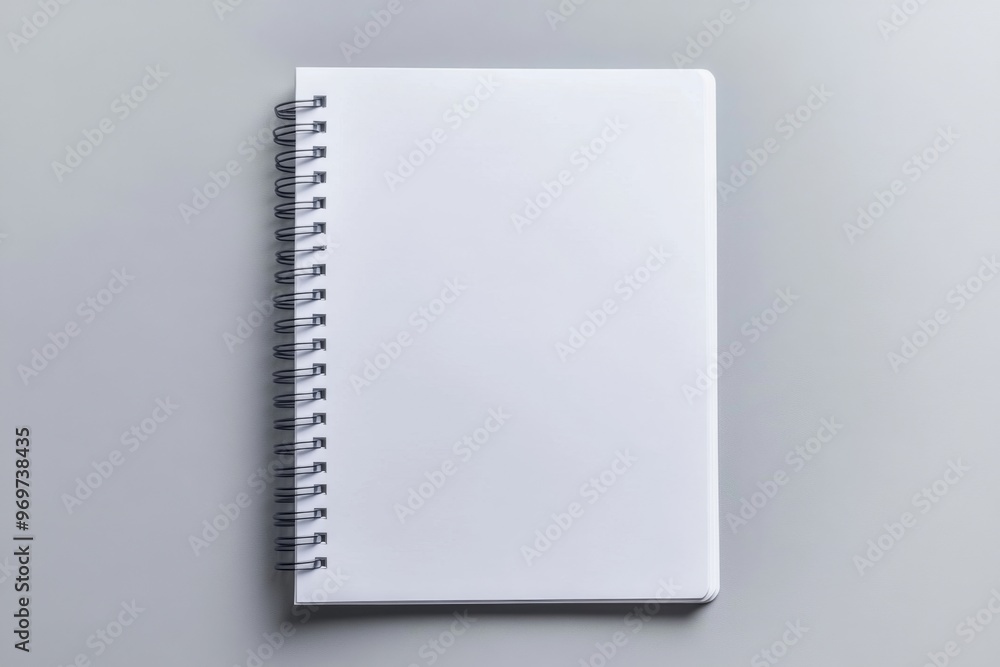 Top view of a blank white spiral notebook on a light grey background for creative projects Top view of a blank white spiral notebook on a light grey background for creative projects