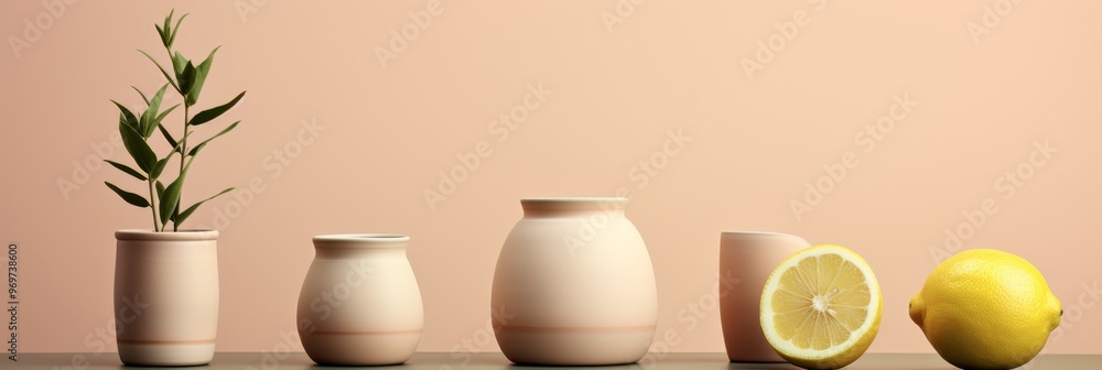 Minimalist still life a simple composition of fruits, plants, and ceramics on a plain background Minimalist still life a simple composition of fruits, plants, and ceramics on a plain background