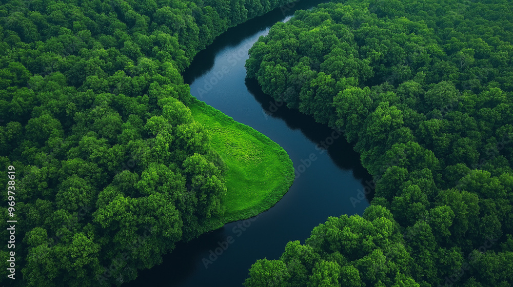 Aerial view of winding river through Aerial view of winding river through