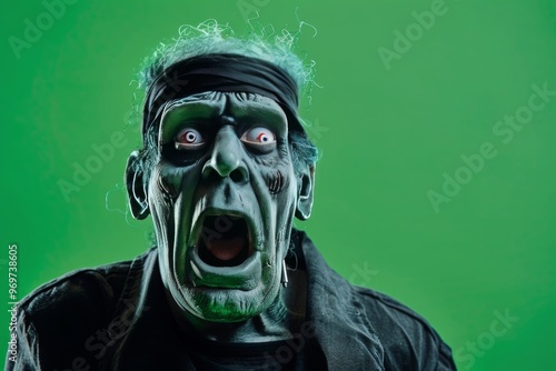 Shocked Surprised Halloween Frankenstein Monster on a Green Background with Space for Copy