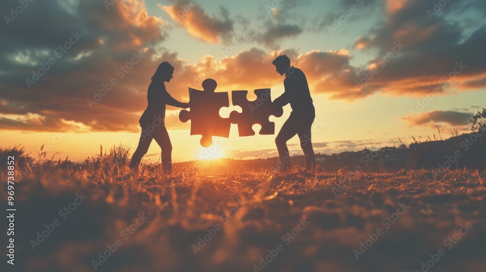 Fototapeta premium Business partners connect puzzle pieces at sunset, showcasing teamwork and collaboration outdoors