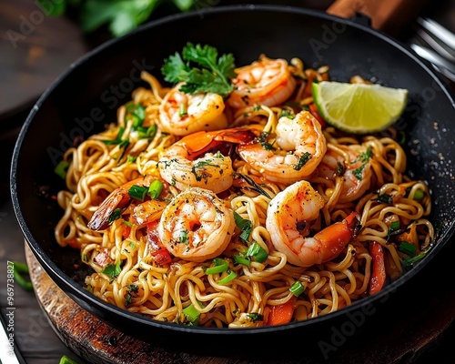 Closeup of Shrimp Noodles A Wok of Flavors Overhead Perspective with Lime Garnish