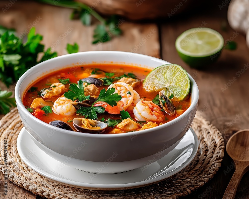 CloseUp of Spicy Seafood Soup with Lime Wedge in White Bowl on Rustic Table CloseUp of Spicy Seafood Soup with Lime Wedge in White Bowl on Rustic Table