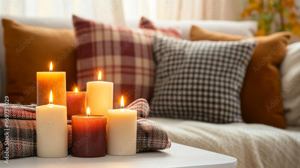 Candles are arranged on a white table, with a plaid sofa and pillows behind them. The image creates a feeling of warmth and comfort in a home setting. Candles are arranged on a white table, with a plaid sofa and pillows behind them. The image creates a feeling of warmth and comfort in a home setting.
