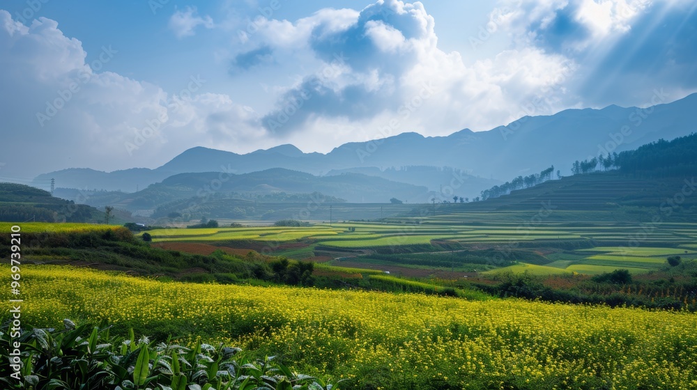 Panoramic View of Vibrant Canola Flower Fields Surrounded by Lush Mountains in Yunnan China Panoramic View of Vibrant Canola Flower Fields Surrounded by Lush Mountains in Yunnan China