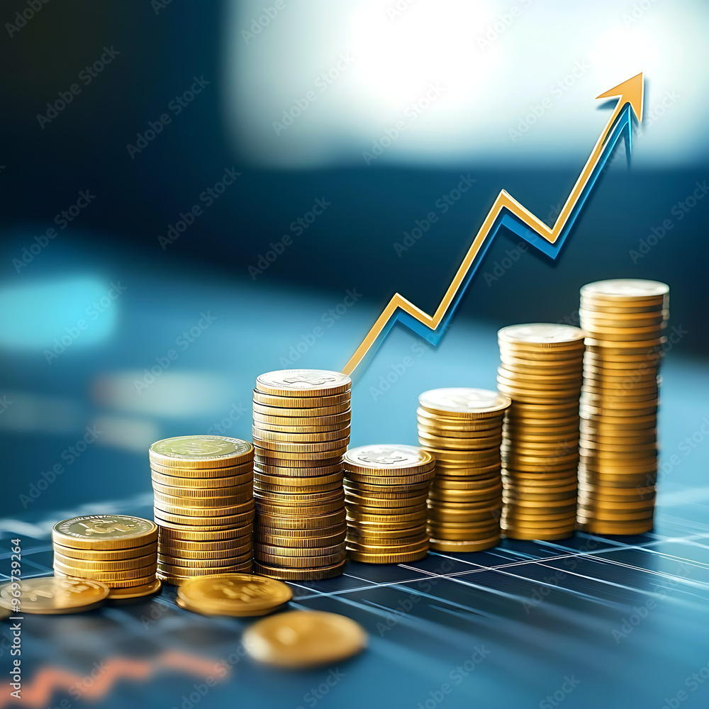Conversion Rate Growth Chart, a digital bar graph with an increasing upward arrow indicating growth. stacks of coins symbolizing monetary gain. financial success, generative ai Conversion Rate Growth Chart, a digital bar graph with an increasing upward arrow indicating growth. stacks of coins symbolizing monetary gain. financial success, generative ai