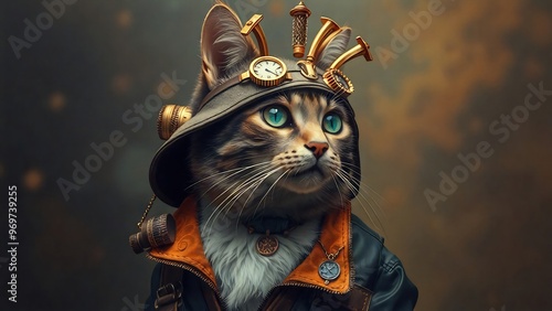 Gato steampunk chistosa y curiosa. Está vestida. Representa lo vintage y futurista a la vez.  photo