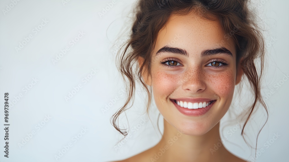 a woman with freckled hair smiling at the camera with a white background a woman with freckled hair smiling at the camera with a white background