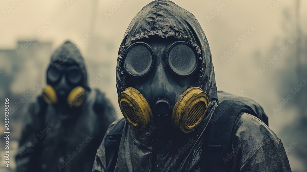 two people wearing gas masks and jackets walking in a city street with buildings in the background two people wearing gas masks and jackets walking in a city street with buildings in the background