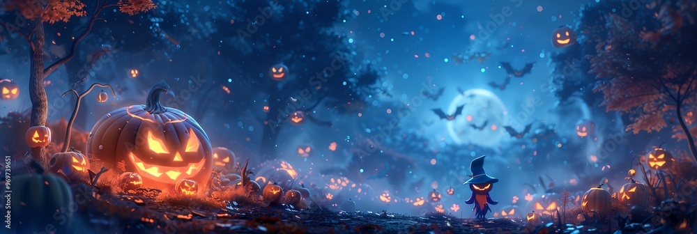 a forest with pumpkins and bats at night with a full moon a forest with pumpkins and bats at night with a full moon