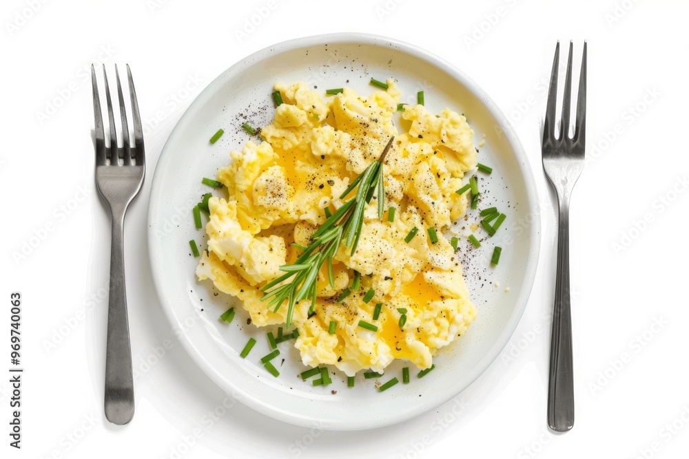 Scrambled eggs on white plate Scrambled eggs on white plate