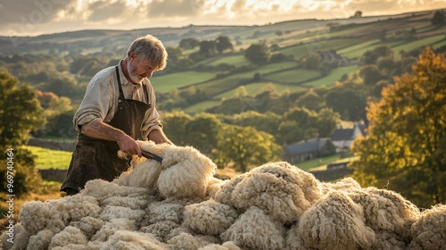 A shepherd shearing a sheep in a traditional outdoor setting, with bundles of freshly shorn wool piled high beside them, set against a rolling countryside photo