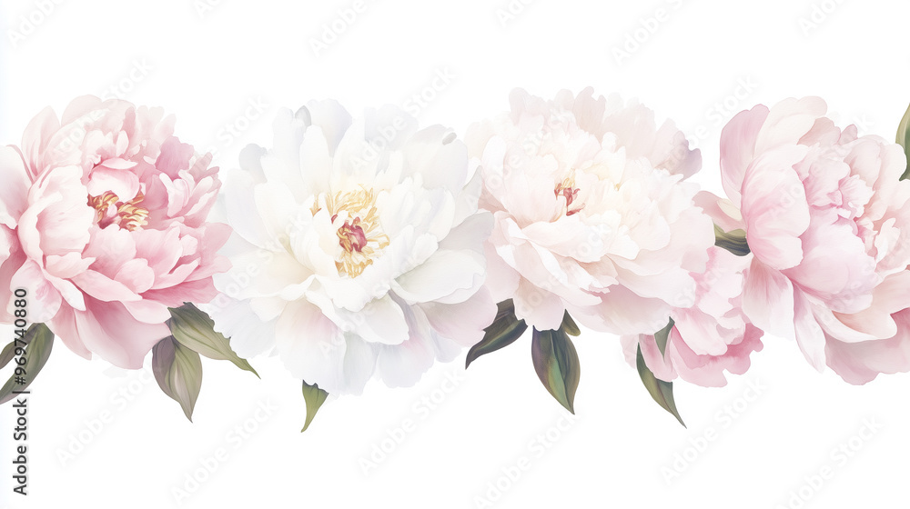 Fototapeta premium White and pastel pink peonies are arranged on white background for invitation design