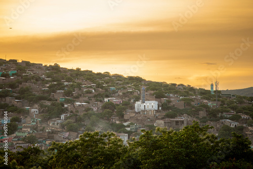 High angle view of the city of Dire Dawa, Ethiopia at sunset. photo