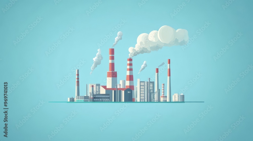 3D illustration of an industrial factory with smokestacks emitting smoke against a blue sky, representing pollution and manufacturing. 3D illustration of an industrial factory with smokestacks emitting smoke against a blue sky, representing pollution and manufacturing.