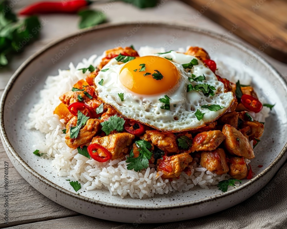Overhead View of Spicy Chicken Rice with Sunny Side Up Egg A Delicious Meal in a Rustic Setting Overhead View of Spicy Chicken Rice with Sunny Side Up Egg A Delicious Meal in a Rustic Setting