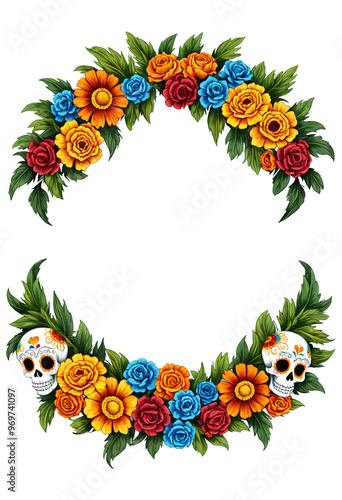 Mexican Sugar Skulls with colorful flowers wreath on a transparent background