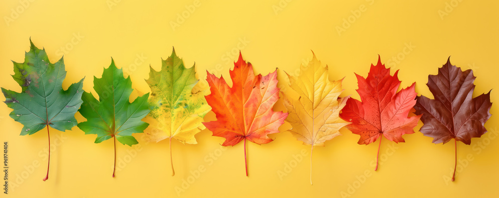 Top view of colourful autumnal maple leaves lying on the yellow background. Background, banner and wallpaper concept. Top view of colourful autumnal maple leaves lying on the yellow background. Background, banner and wallpaper concept.