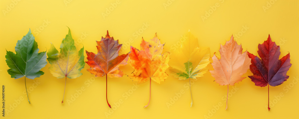 Top view of colourful autumnal maple leaves lying on the yellow background. Background, banner and wallpaper concept. Top view of colourful autumnal maple leaves lying on the yellow background. Background, banner and wallpaper concept.