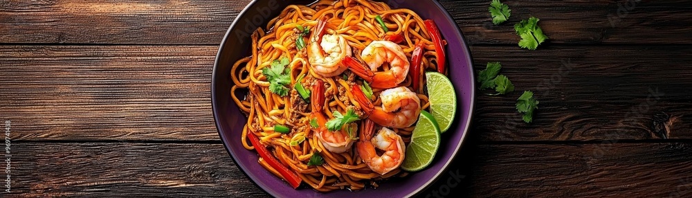 Overhead View of Spicy Shrimp Pad Thai in Purple Bowl with Lime and Cilantro on Wooden Background Overhead View of Spicy Shrimp Pad Thai in Purple Bowl with Lime and Cilantro on Wooden Background