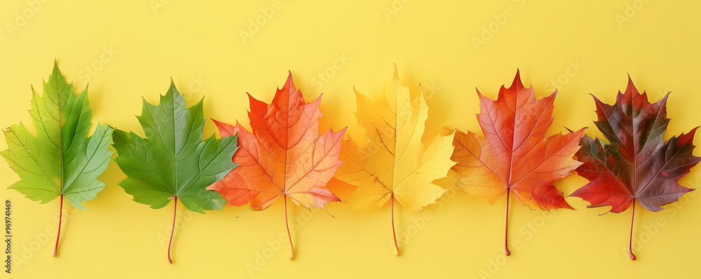 Top view of colourful autumnal maple leaves lying on the yellow background. Background, banner and wallpaper concept. Top view of colourful autumnal maple leaves lying on the yellow background. Background, banner and wallpaper concept.