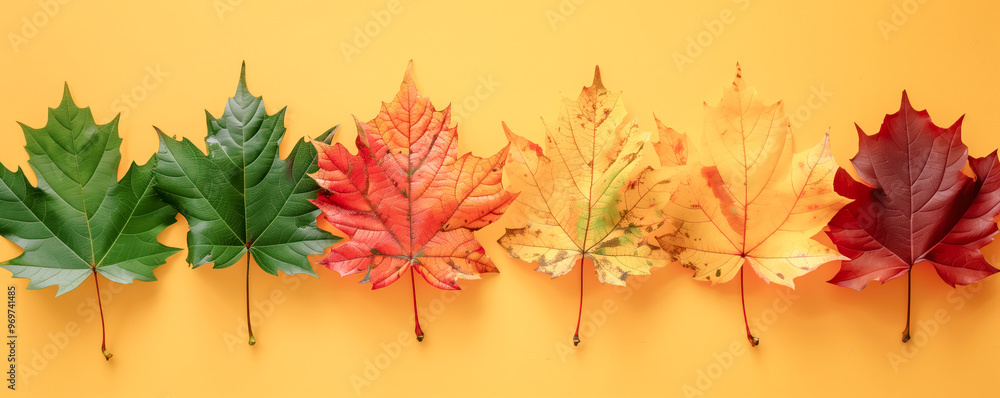 Obraz premium Top view of colourful autumnal maple leaves lying on the yellow background. Background, banner and wallpaper concept.