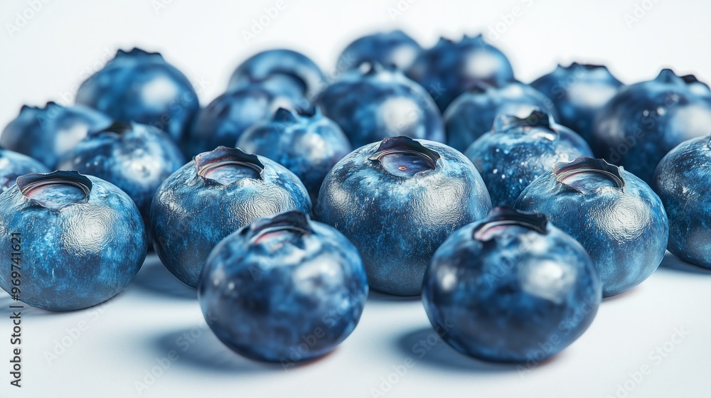 A detailed and realistic close up of fresh, succulent blueberries set against a pure white backdrop. The realistic style emphasizes the smooth texture and rich color of the A detailed and realistic close up of fresh, succulent blueberries set against a pure white backdrop. The realistic style emphasizes the smooth texture and rich color of the