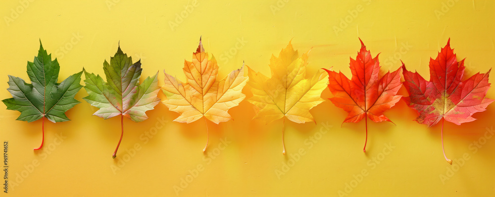 Top view of colourful autumnal maple leaves lying on the yellow background. Background, banner and wallpaper concept. Top view of colourful autumnal maple leaves lying on the yellow background. Background, banner and wallpaper concept.