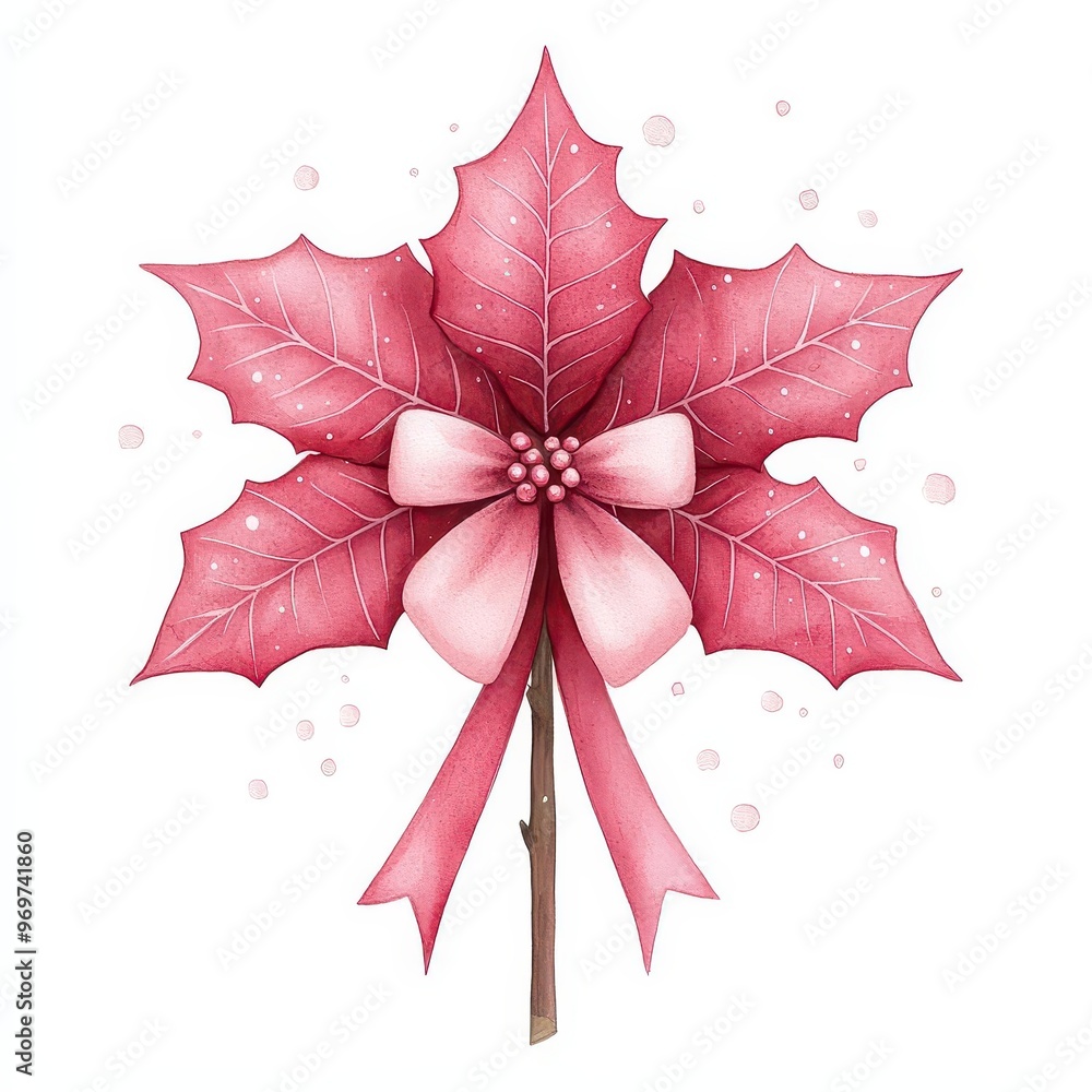 Fototapeta premium A whimsical illustration of a pink poinsettia with elegant leaves and a ribbon, perfect for festive decor.